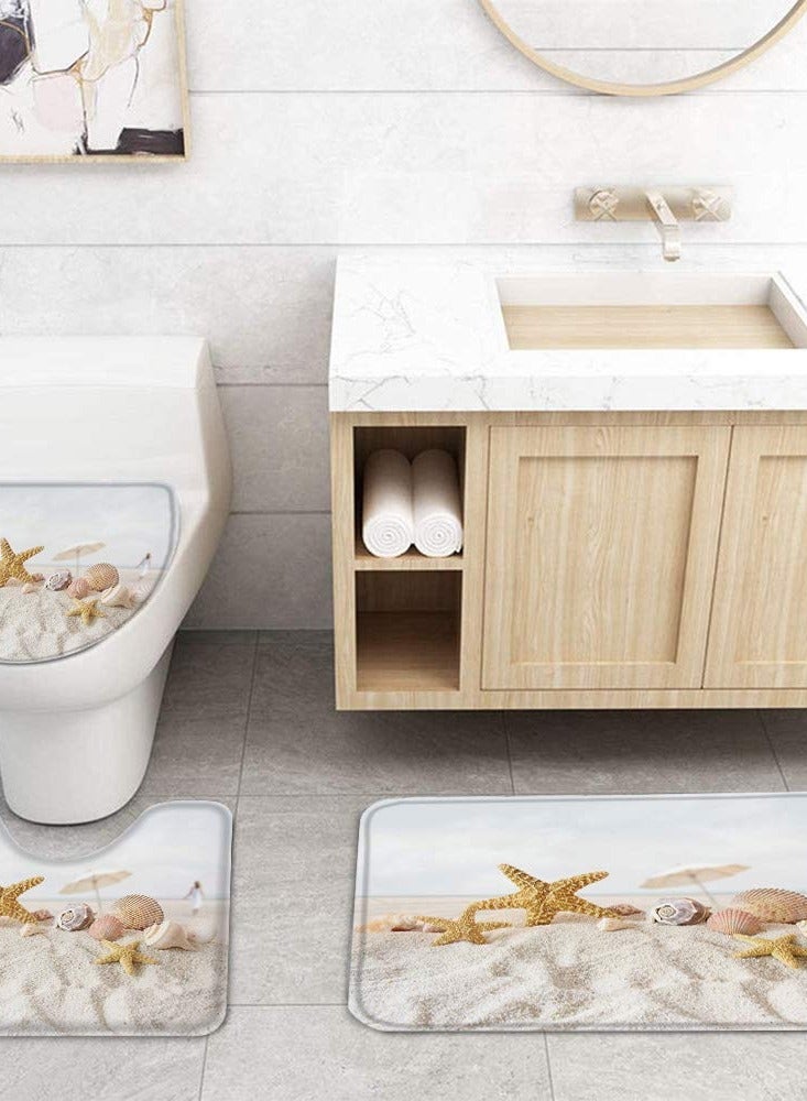 Captaintech Summer Beach Scenery Shower Curtain Set, 4-Piece Ocean Bathroom Decor with Starfish, Seashells, and Sand Scene, Non-Slip Rug, Toilet Lid Cover, Waterproof Curtain, 12 Hooks Included - Image 4