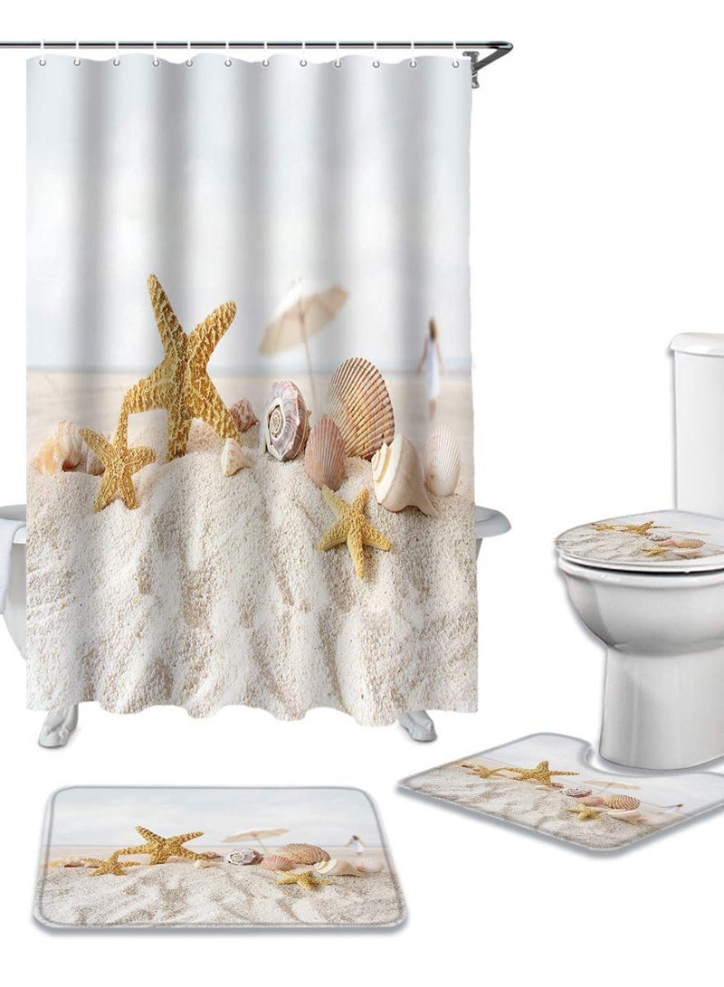 Captaintech Summer Beach Scenery Shower Curtain Set, 4-Piece Ocean Bathroom Decor with Starfish, Seashells, and Sand Scene, Non-Slip Rug, Toilet Lid Cover, Waterproof Curtain, 12 Hooks Included - Image 2
