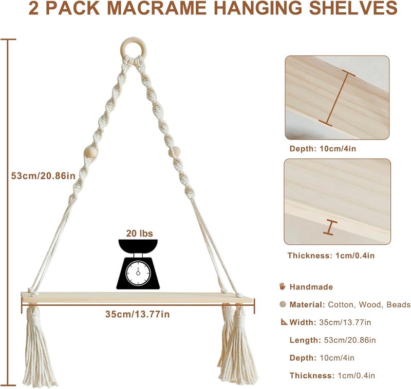 Artilady 2 Pack Wooden Wall Hanging Shelves - Boho Floating Shelves White Macrame Plant Shelf Adjustable Storage Rack Rustic Wall Decor for Bedroom Living Room Nursery - Image 2