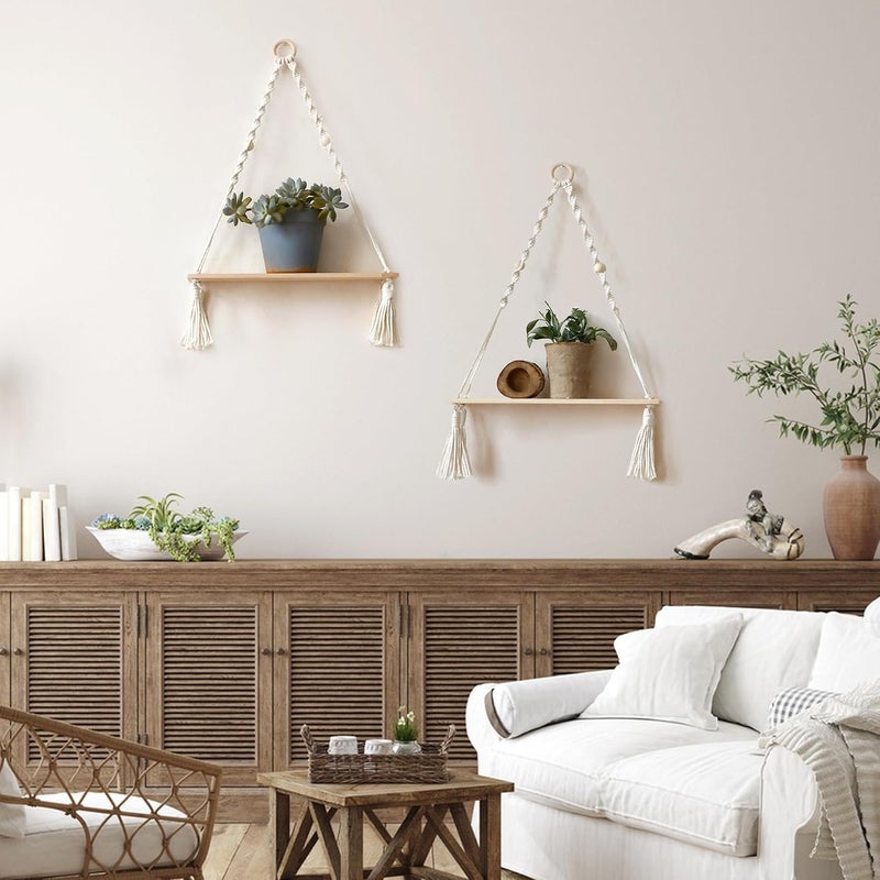 Artilady 2 Pack Wooden Wall Hanging Shelves - Boho Floating Shelves White Macrame Plant Shelf Adjustable Storage Rack Rustic Wall Decor for Bedroom Living Room Nursery - Image 5