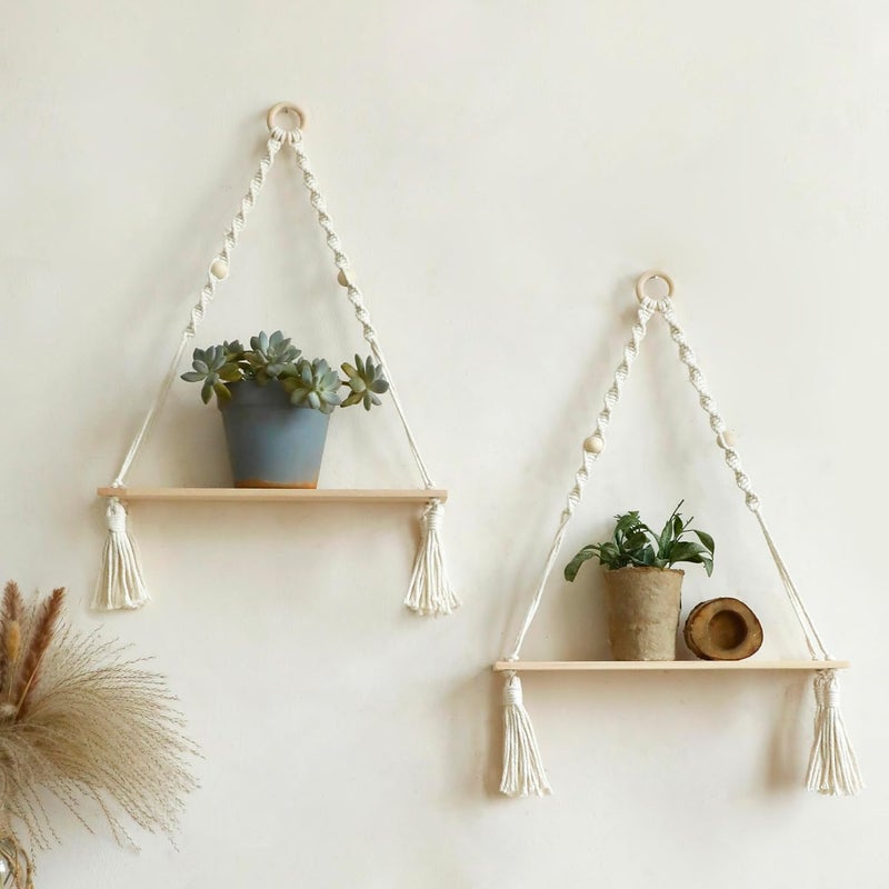Artilady 2 Pack Wooden Wall Hanging Shelves - Boho Floating Shelves White Macrame Plant Shelf Adjustable Storage Rack Rustic Wall Decor for Bedroom Living Room Nursery - Image 1