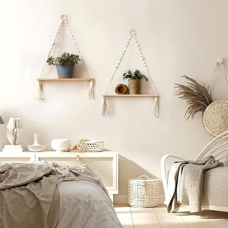 Artilady 2 Pack Wooden Wall Hanging Shelves - Boho Floating Shelves White Macrame Plant Shelf Adjustable Storage Rack Rustic Wall Decor for Bedroom Living Room Nursery - Image 3