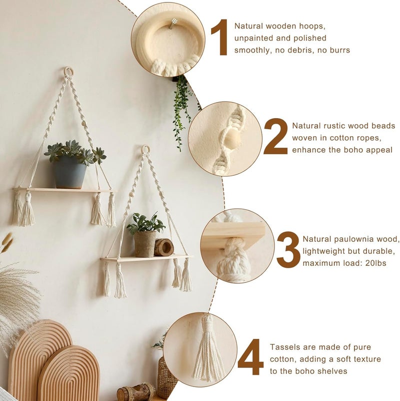 Artilady 2 Pack Wooden Wall Hanging Shelves - Boho Floating Shelves White Macrame Plant Shelf Adjustable Storage Rack Rustic Wall Decor for Bedroom Living Room Nursery - Image 4