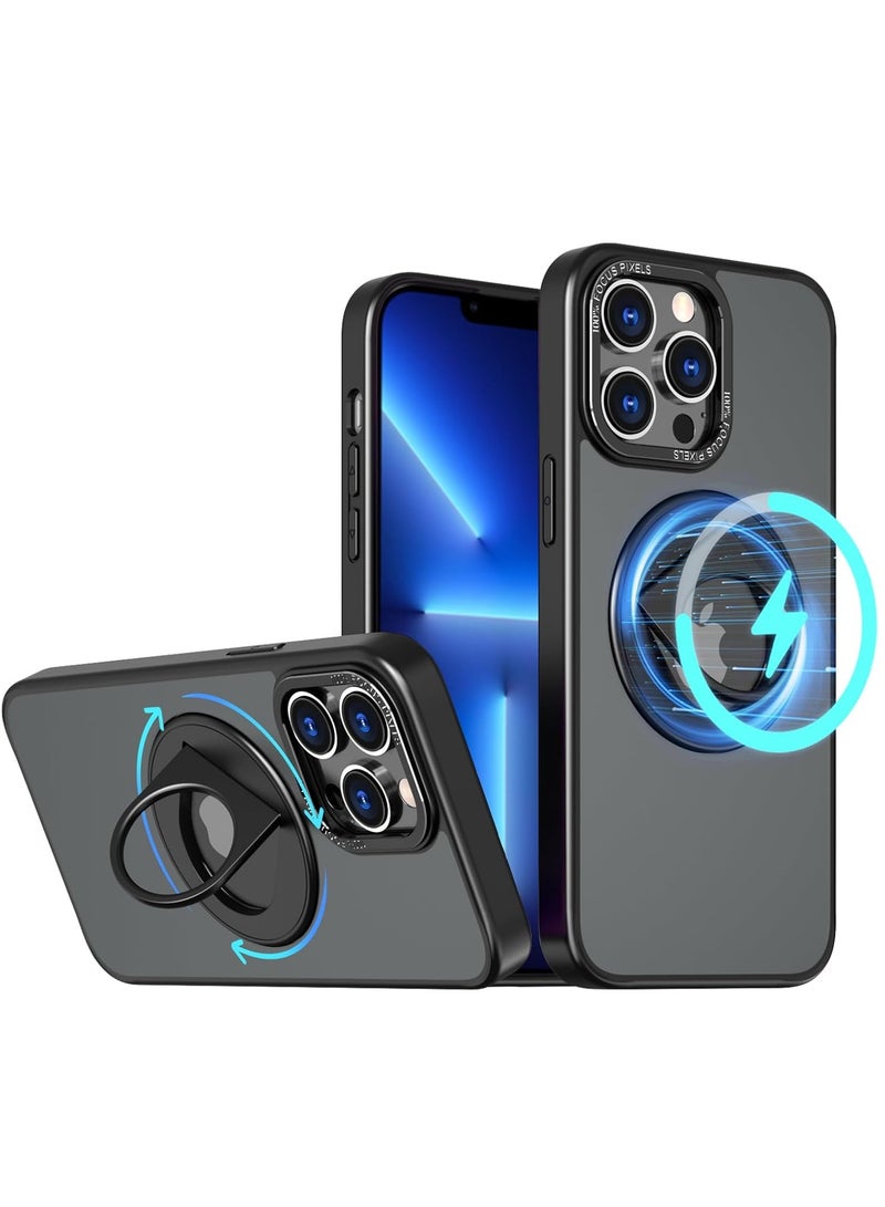 Compatible with Magnetic iphone 13 Pro Case, Swivel Cutout Ring Holder Compatible with MagSafe, Shockproof Translucent Matte Back Protective,for iphone 13 Pro (2021) 6.1" Cover Black - Image 1