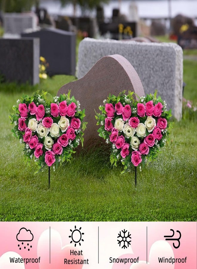 مجموعتان من زهور المقابر الاصطناعية، زهور تذكارية للقبور مع دبابيس تثبيت أرضية، أكاليل على شكل قلب من زهور الورد لتزيين شواهد القبور ومواقع الدفن (وردي) - Image 2