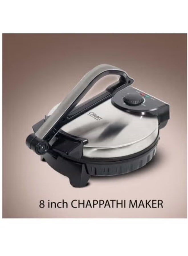 TIGER صانع الشباتي الكهربائي 8 بوصة 900 واط CK2430 – صانع روتي غير لاصق مع مقبض بارد وضوءين مؤشر مزدوجين – مكبس خبز مسطح سريع التسخين للاستخدام المنزلي – سهل التنظيف، تخزين عمودي مدمج – تشطيب أسود/فضي للطهي اليومي - Image 1