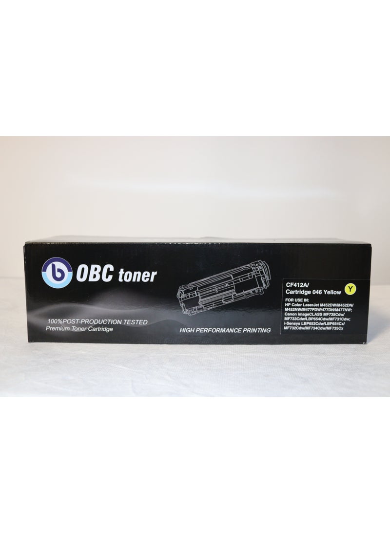 OBC Compatible Yellow Laser Toner Cartridge Replacement for HP CF412A / Cartridge 046 and Canon CRG-046Y. Prints up to 2300 pages in bright color and professional print quality. - Image 1