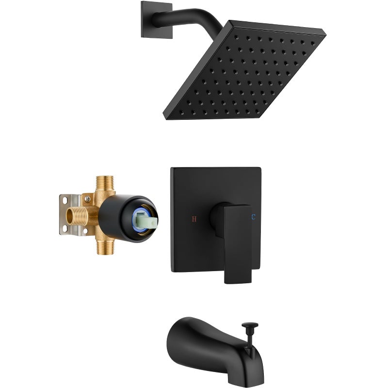 Heyalan Bathtub Shower Faucet Set 6 Inch Square Trim Kit with Single Handle Showerhead Handle Set Male Thread with Tub SpoutMatte Black