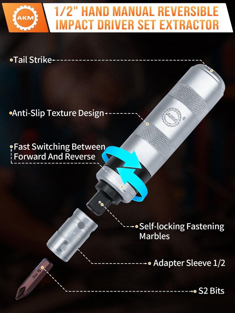AKM 3/8" Hand Manual Reversible Impact Driver Set Extractor Impact Screwdriver S2 Steel Much More Durable Disengage Rusted Fasteners or Frozen Bolts - Image 4
