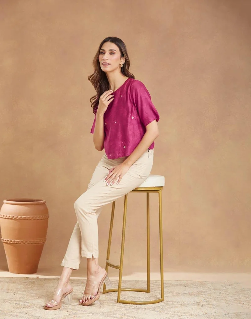 Fabindia Pink Cotton Silk Embroidered Short Top