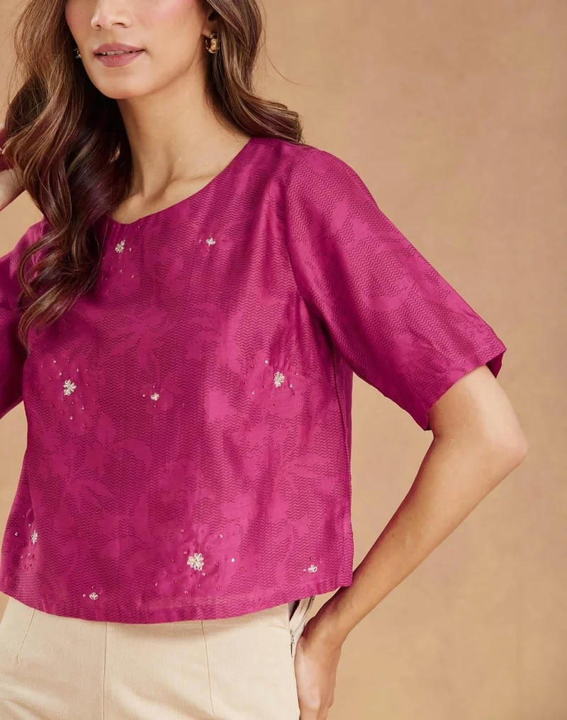 Fabindia  Pink Cotton Silk Embroidered Short Top for Women | Best Price UAE