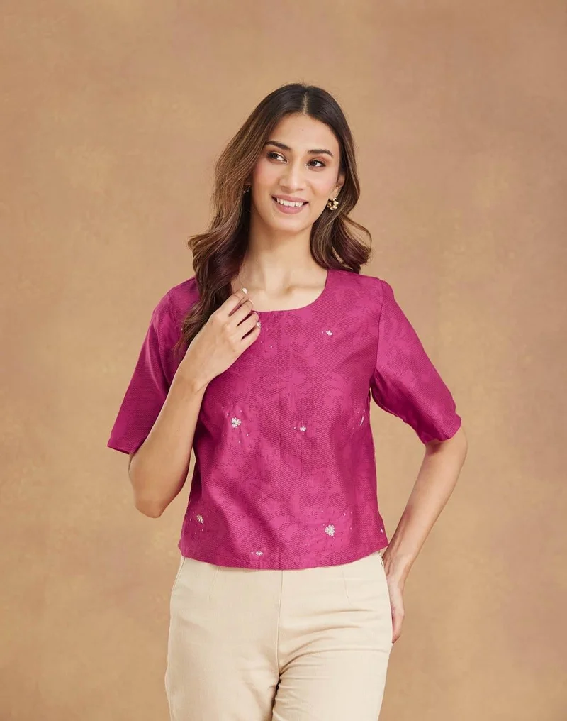 Fabindia Pink Cotton Silk Embroidered Short Top
