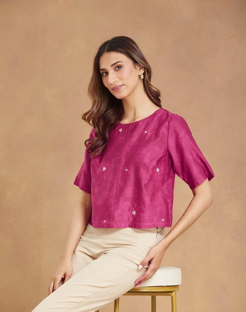 Fabindia Pink Cotton Silk Embroidered Short Top