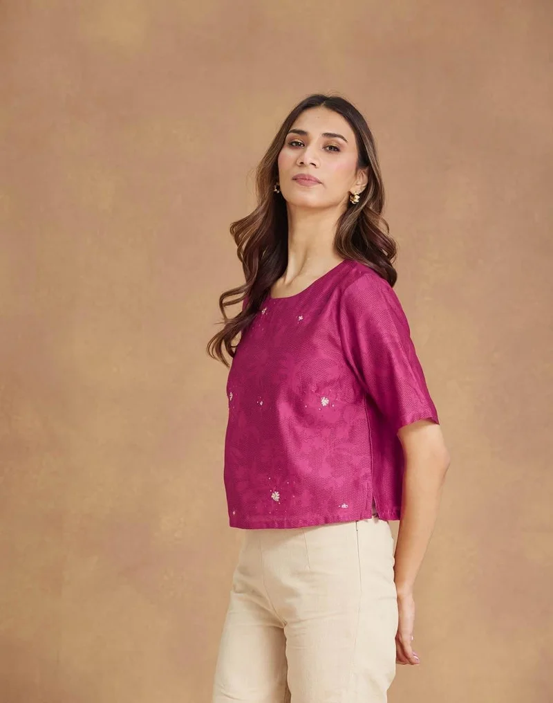 Fabindia  Pink Cotton Silk Embroidered Short Top for Women | Best Price UAE