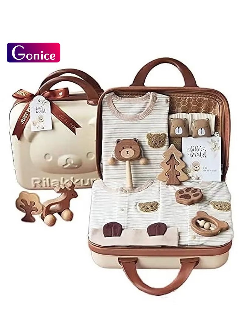 Gonice Baby Giftset for New born with Rompers and Wooden toys in cute suitcase in Bear theme for Girls and Boys 15 in 1  - Image 1