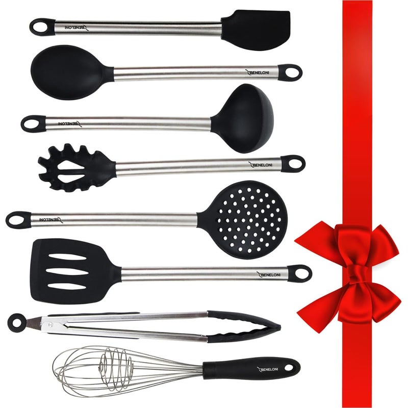Beneloni PREMIUM Silicone Kitchen Serving Utensil Set - Stainless Steel Metal and Black Utensils Including Tongs Spoons Spatula Ladle Whisk and Frosting Spatula Professional Nonstick Safe Modern Cooking Tools - Image 1