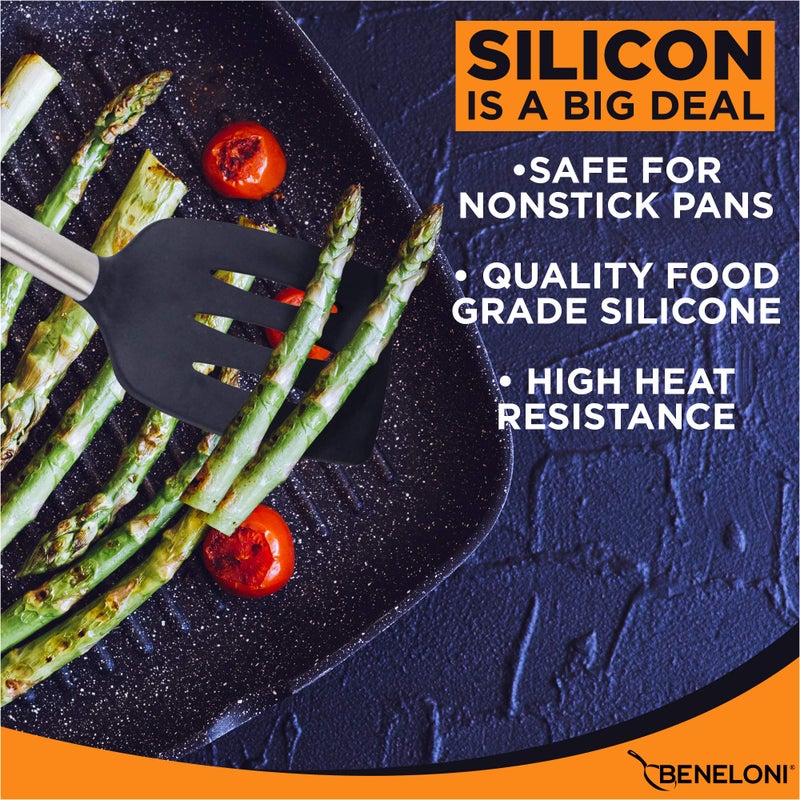 Beneloni PREMIUM Silicone Kitchen Serving Utensil Set - Stainless Steel Metal and Black Utensils Including Tongs Spoons Spatula Ladle Whisk and Frosting Spatula Professional Nonstick Safe Modern Cooking Tools - Image 2