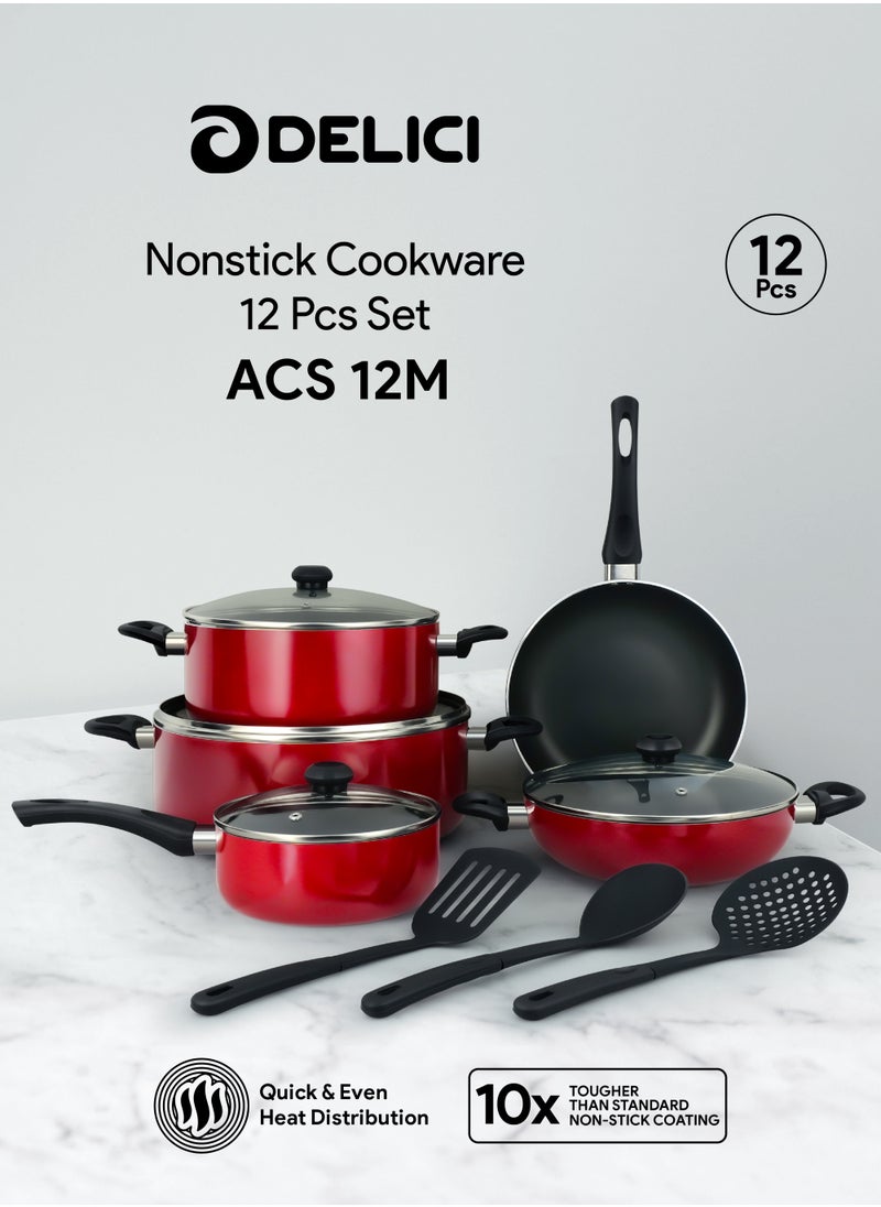 DELICI 12-Piece Cookware Set, Aluminium, Non-Stick Surface, Tempered Glass Lids- Kadai Pan- Milk Pan- Casserole With Lid- 3 Nylon Spatula- PFOA Free - High Temperature Resistant Exterior Coating-ACS12M  - Image 1