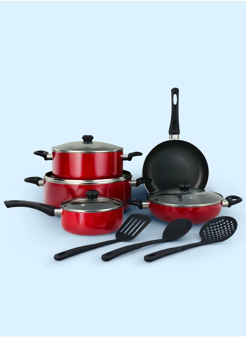 DELICI 12-Piece Cookware Set, Aluminium, Non-Stick Surface, Tempered Glass Lids- Kadai Pan- Milk Pan- Casserole With Lid- 3 Nylon Spatula- PFOA Free - High Temperature Resistant Exterior Coating-ACS12M  - Image 2