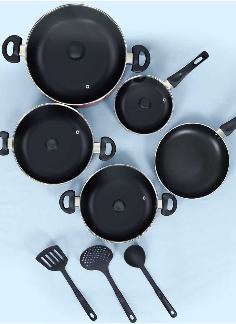 DELICI 12-Piece Cookware Set, Aluminium, Non-Stick Surface, Tempered Glass Lids- Kadai Pan- Milk Pan- Casserole With Lid- 3 Nylon Spatula- PFOA Free - High Temperature Resistant Exterior Coating-ACS12M  - Image 4