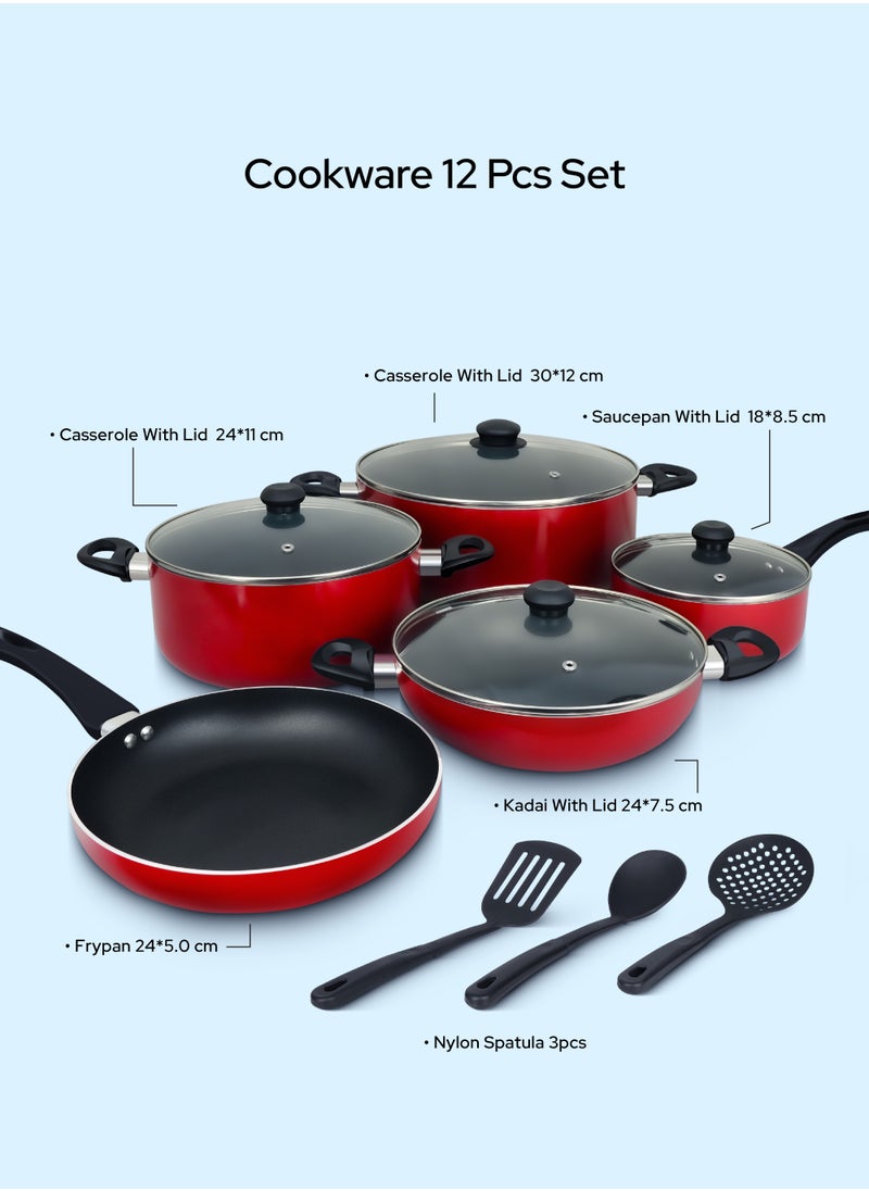 DELICI 12-Piece Cookware Set, Aluminium, Non-Stick Surface, Tempered Glass Lids- Kadai Pan- Milk Pan- Casserole With Lid- 3 Nylon Spatula- PFOA Free - High Temperature Resistant Exterior Coating-ACS12M  - Image 5