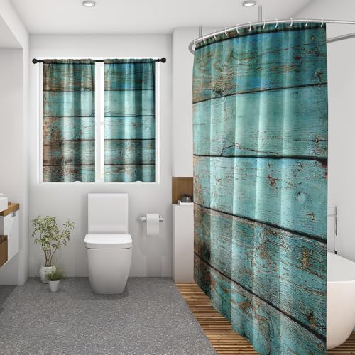 Culudea Turquoise Wooden Shower Curtain Set, Teal Green Blue Bathroom Window Waterproof Shower Curtain Set for Bathroom Decor - Image 4