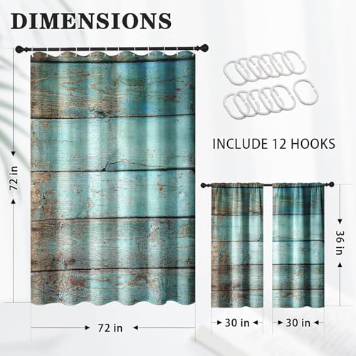 Culudea Turquoise Wooden Shower Curtain Set, Teal Green Blue Bathroom Window Waterproof Shower Curtain Set for Bathroom Decor - Image 2