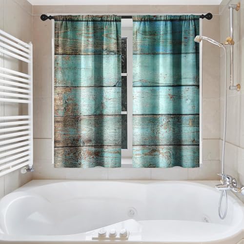Culudea Turquoise Wooden Shower Curtain Set, Teal Green Blue Bathroom Window Waterproof Shower Curtain Set for Bathroom Decor - Image 5