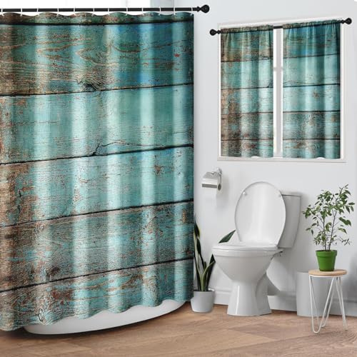 Culudea Turquoise Wooden Shower Curtain Set, Teal Green Blue Bathroom Window Waterproof Shower Curtain Set for Bathroom Decor - Image 1