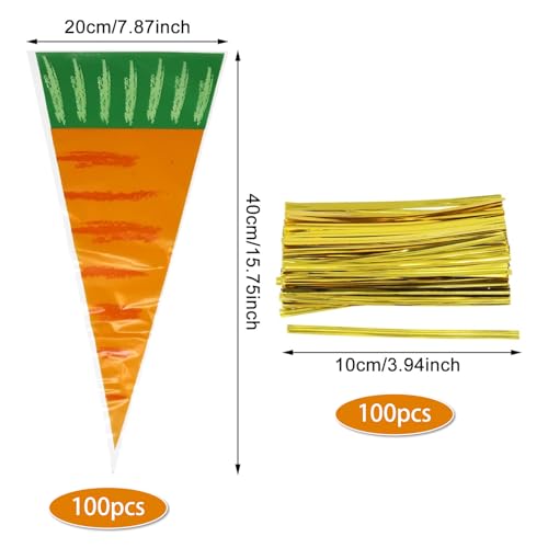 rosulasi Carrot Shaped Treat Bags,100Pcs 7.9x16In Easter Cone Cellophane Gift Bags Easter Plastic Triangle Cello Bags Orange Carrot Bags for Treat with Twist Ties for Cookies Candy Party Favor Supplies - Image 2