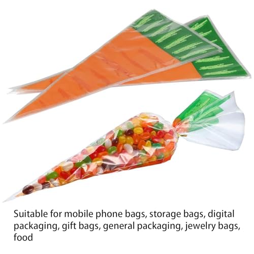 rosulasi Carrot Shaped Treat Bags,100Pcs 7.9x16In Easter Cone Cellophane Gift Bags Easter Plastic Triangle Cello Bags Orange Carrot Bags for Treat with Twist Ties for Cookies Candy Party Favor Supplies - Image 4