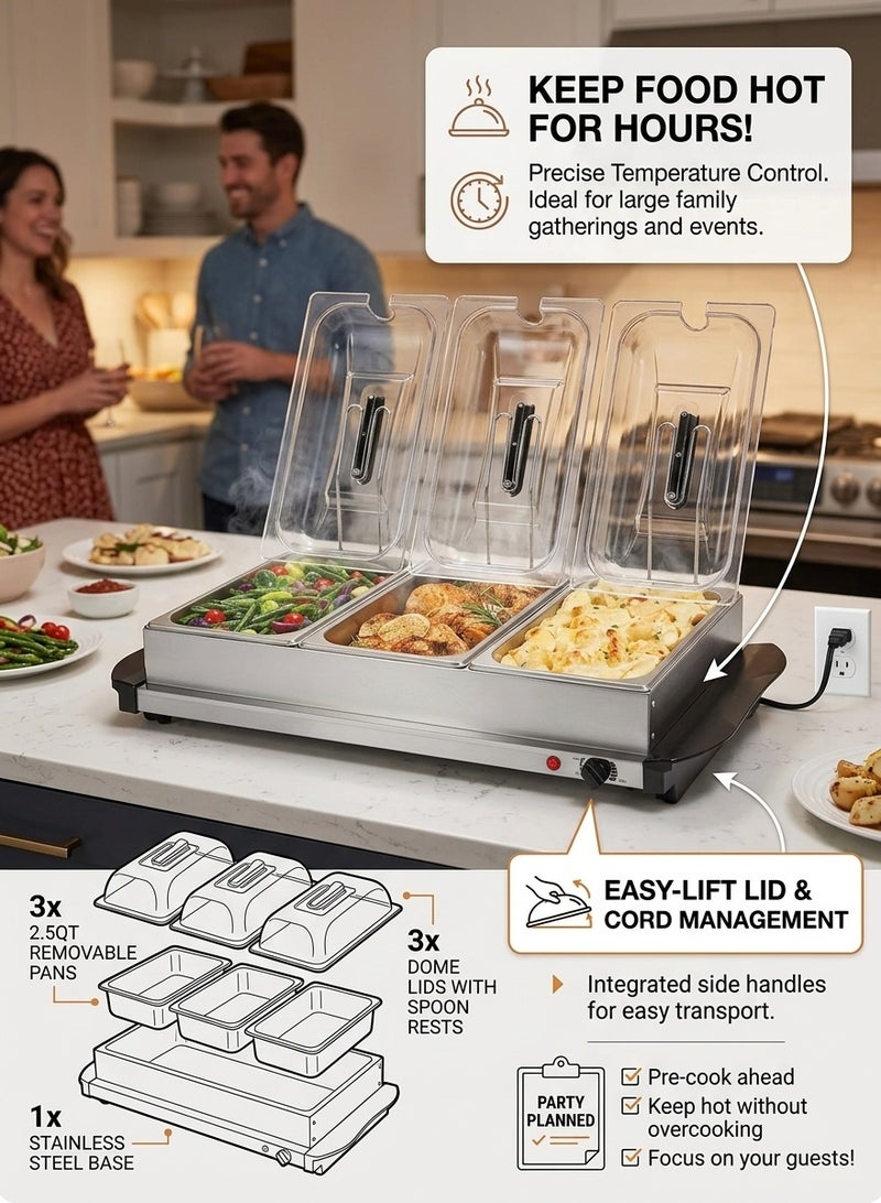 CUBEXELL Electric Food Warmers  3 Section Buffet Warmer Adjustable Heat Easy Clean Stainless Steel Portable & Great For Parties Holiday & Events - Image 4
