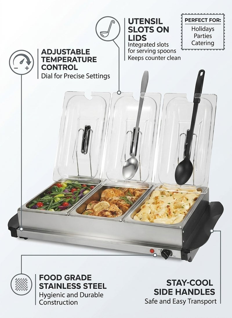 CUBEXELL Electric Food Warmers  3 Section Buffet Warmer Adjustable Heat Easy Clean Stainless Steel Portable & Great For Parties Holiday & Events - Image 2