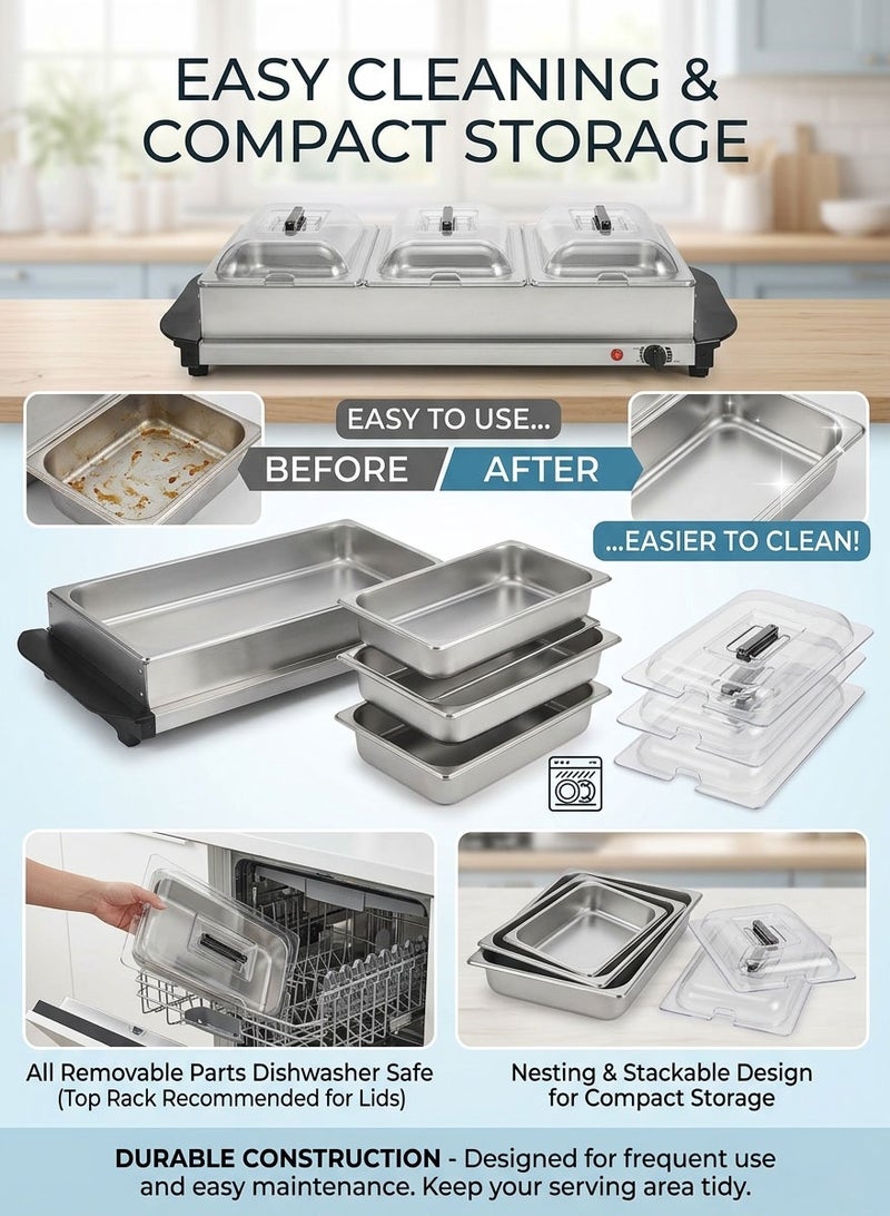 CUBEXELL Electric Food Warmers  3 Section Buffet Warmer Adjustable Heat Easy Clean Stainless Steel Portable & Great For Parties Holiday & Events - Image 5