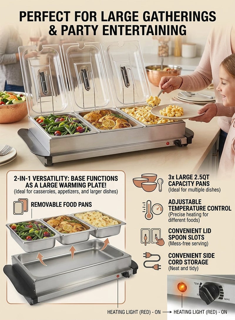 CUBEXELL Electric Food Warmers  3 Section Buffet Warmer Adjustable Heat Easy Clean Stainless Steel Portable & Great For Parties Holiday & Events - Image 3