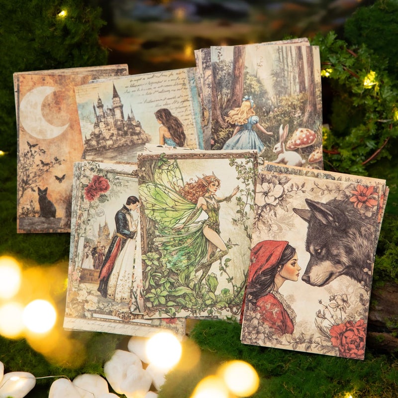 PIGBIT Vintage Fairy Tale Decoupage Scrapbook Paper Set â€“ 180 Sheets Fantasy Cryptid Witch, Mermaid, Princess Journal Craft Paper Ephemera Pack for Collage, Junk Journal, Art Projects - Image 2
