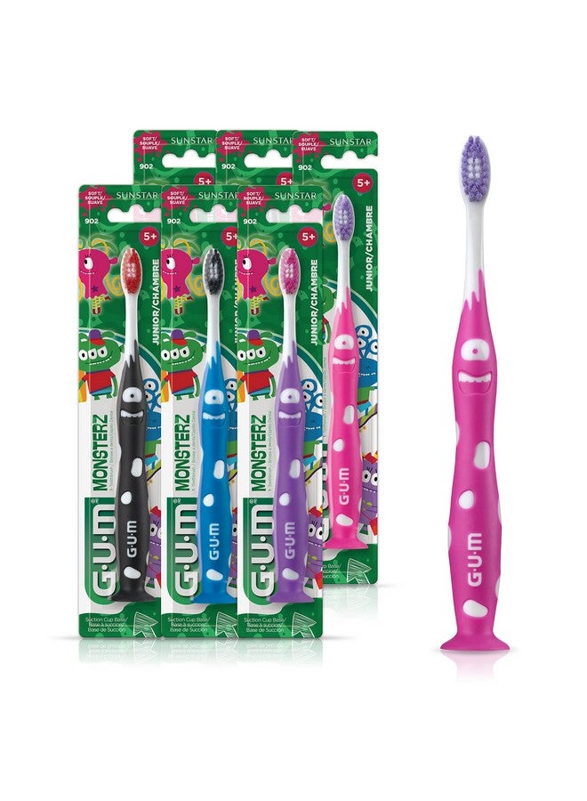 جم فرشاة أسنان GUM Monsterz Jr للأطفال، فرشاة أسنان ناعمة الشعيرات مع كوب شفط، للأعمار من 5 سنوات فما فوق، عبوة من 6 قطع - Image 1