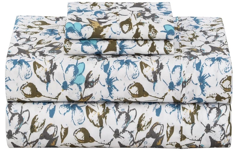 ZOYER Floral Bed Sheet Queen Size Double Brushed Microfiber Printed Deep Pocket Sheets Fitted Up to 15 Breathable Extra Soft Blue Black Flower Pattern Sheets 4 Piece Dwindle
