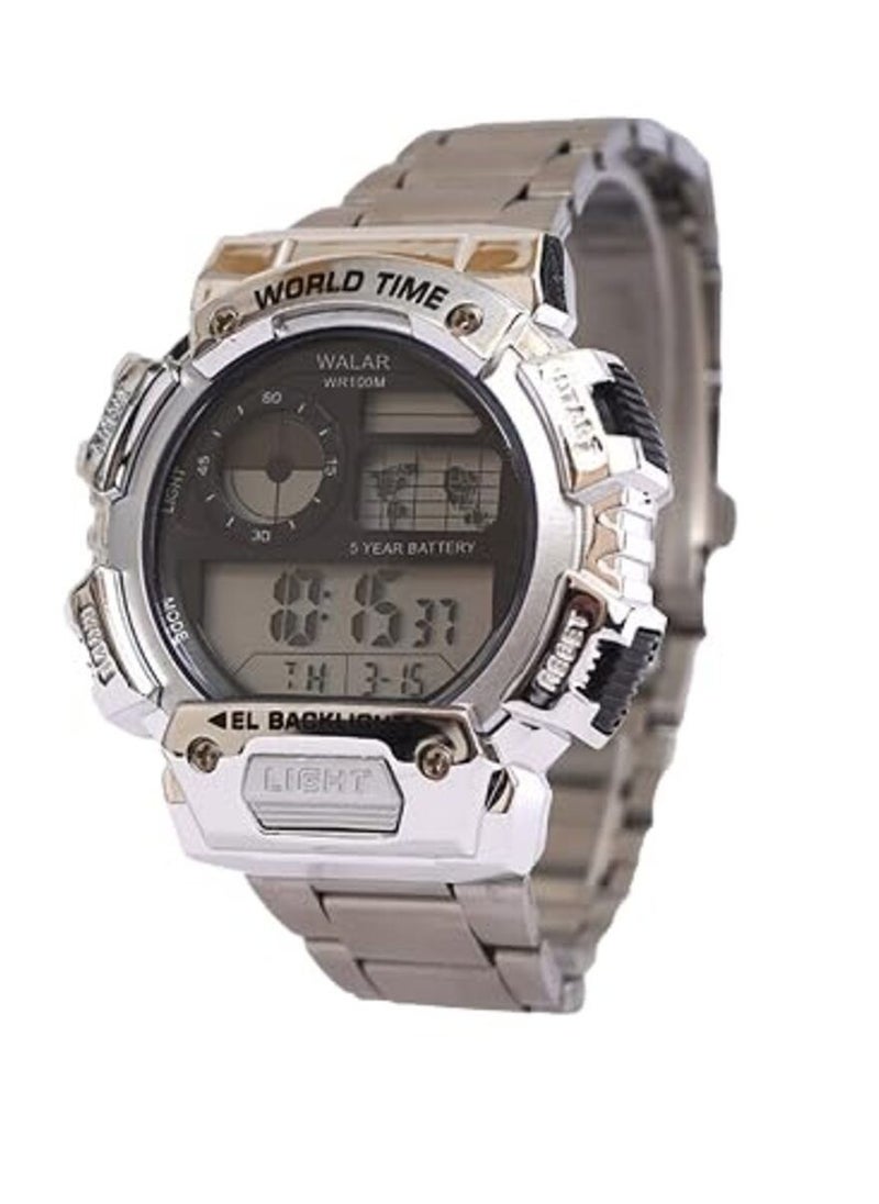 WALAR - World Time Silver Metal Strap Watch | Built In Back Light | Casual Business Daily Wear Digital Wristwatch - Image 1