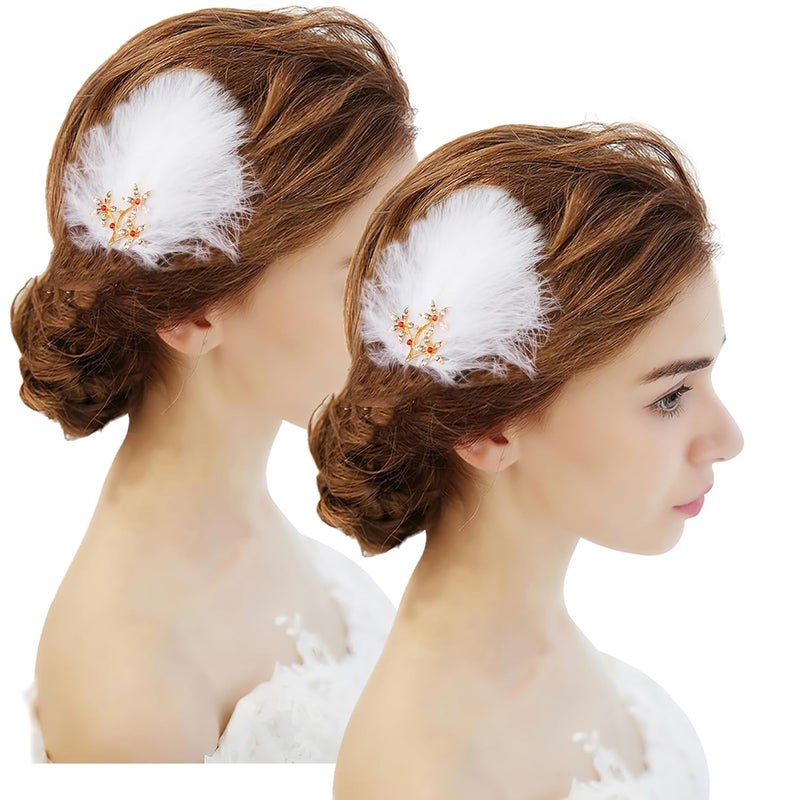 4Pcs Feather Fascinators Hair Clip Handmade Feather Headpiece Branch Shaped Hair Clips with White and Red Diamonds Elegant Barrettes Headpiece for Women Girls Party Hairpins Hair Accessory