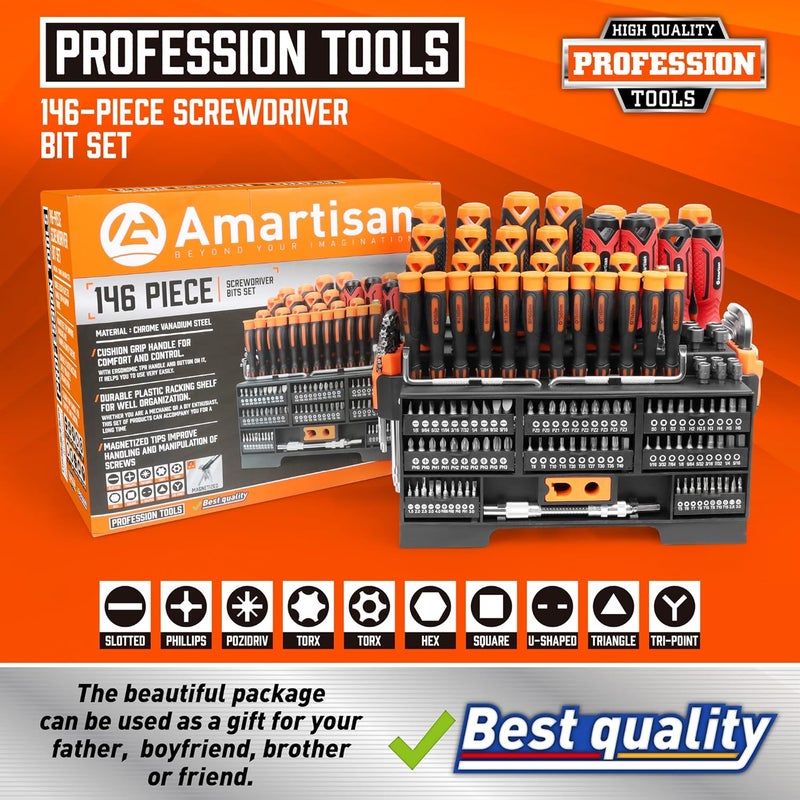 Amartisan 146-piece Magnetic Screwdrivers Set Plastic Racking, DIY Tools Set Tools for Men Gift, Includs Precision screwdriver, Magnetizer, Key Set, Nut Driver and Bit Set - Image 2