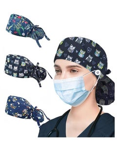 XiuWoo 3 Pack Surgical Caps for Long Hair, Adjustable Elastic Nursing Cap with Button and Sweatband, Bouffant Cotton Hats Scrub Cap for Women  - Image 1