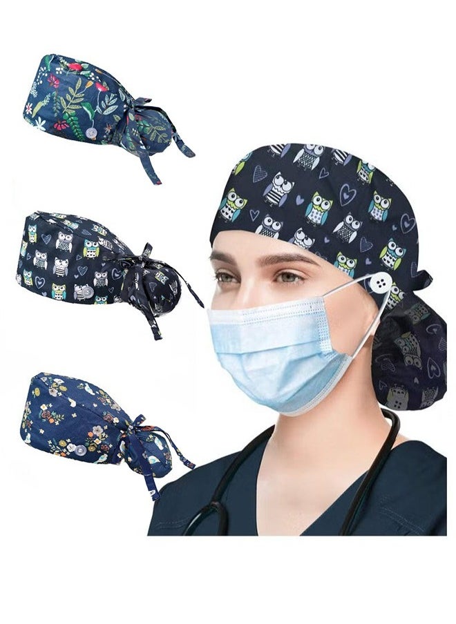 XiuWoo - 3 Pack Surgical Caps for Long Hair, Adjustable Elastic Nursing Cap with Button and Sweatband, Bouffant Cotton Hats Scrub Cap for Women - Image 1
