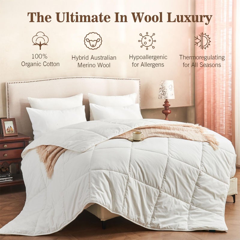 KUSNUG Climaloft Hybrid Wool Comforter King Size with 100% Organic Cotton, Hypoallergenic Down Alternative Luxury Duvet Insert with Tabs, Temperature Regulating All-Season Bedding, White - Image 2
