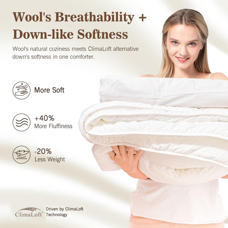 KUSNUG Climaloft Hybrid Wool Comforter King Size with 100% Organic Cotton, Hypoallergenic Down Alternative Luxury Duvet Insert with Tabs, Temperature Regulating All-Season Bedding, White - Image 5