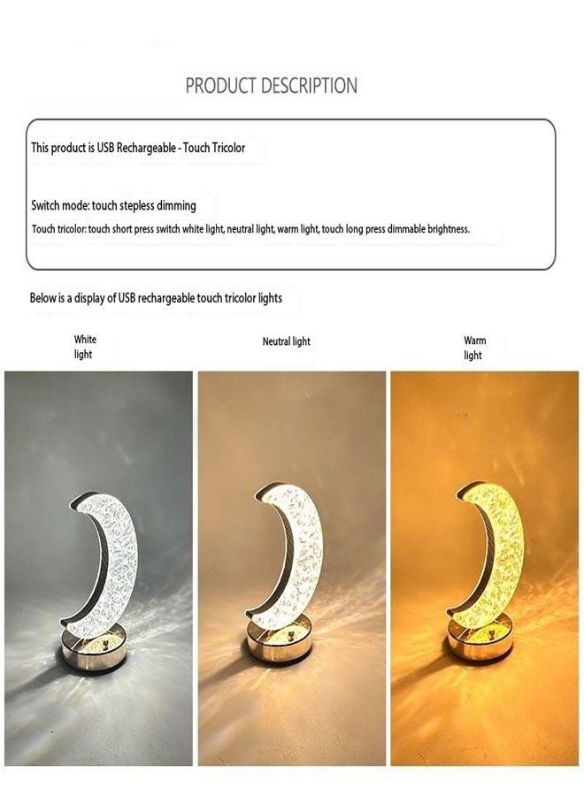 fashionhome Touch Control 3 Colors Crescent Shape Rechargeable Table Lamp with Metal Base Small Decorative Acrylic Night Light Crystal Table Lamp for Party Living Room Bedroom  - Image 3