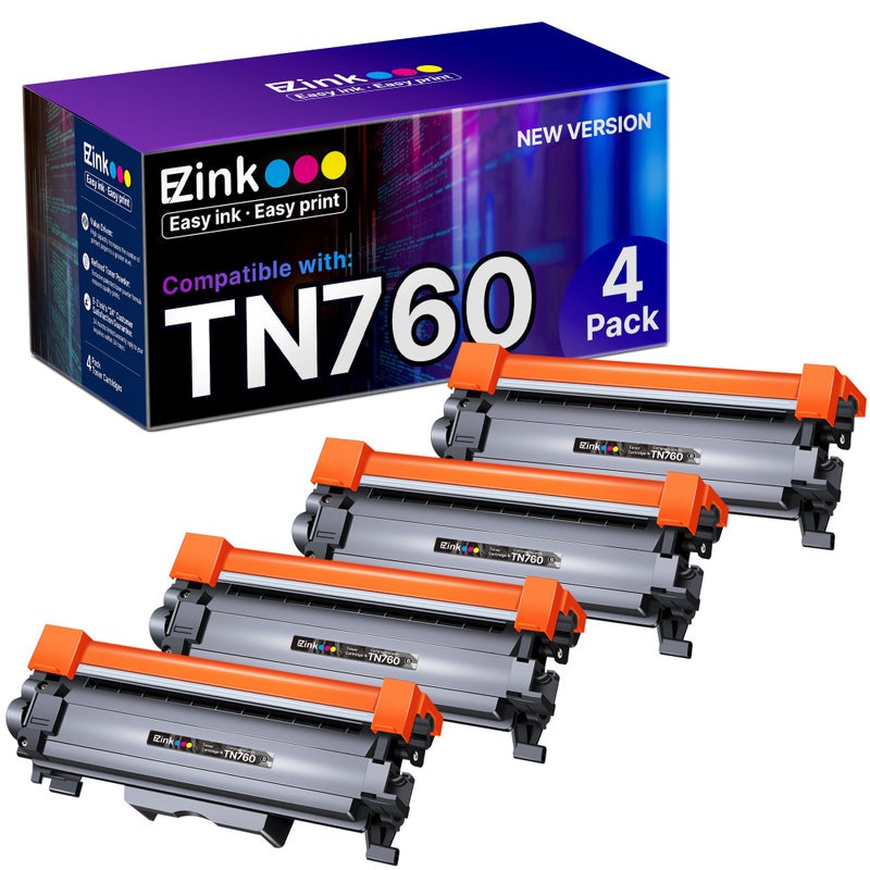 E-Z Ink TN760 Toner for Brother Printer Compatible for Brother TN-760 TN730 TN-730 Toner Cartridges to Use with MFC-L2710DW MFC-L2750DW HL-L2350DW HL-L2370DW HL-L2395DW L2390DW DCP-L2550DW (4 Black) - Image 1