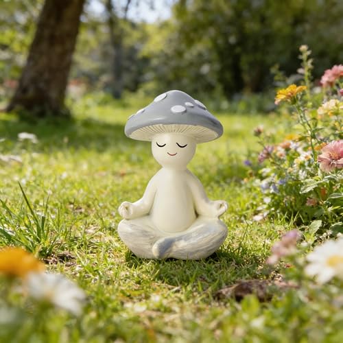 CYjorkbgg Meditation Mushroom Resin Statue - Cute Meditation Mushroom Statue for Desk Living Room Resin Figurine for Home Patio Office Decoration Cute Plant Statues for Tabletop Garden Backyard Decor - Image 5