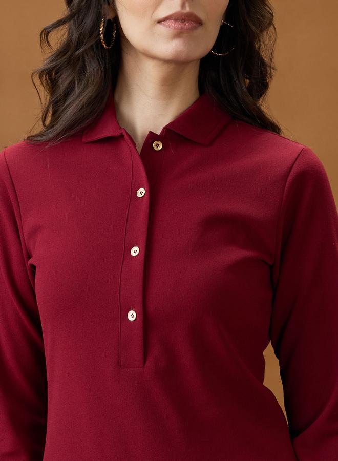 globus Maroon Shirt Collar Bodycon Mini Dress - Image 4