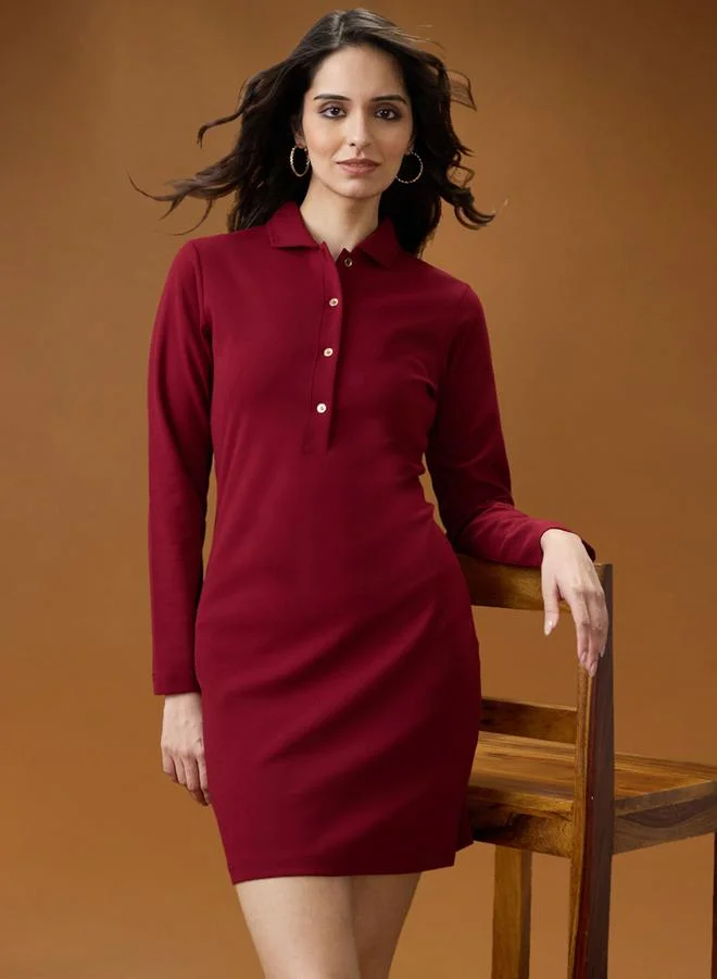 globus Maroon Shirt Collar Bodycon Mini Dress